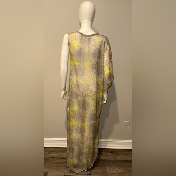 Alexis grey yellow silk medallion print one shoulder hi low maxi coverup dress - Picture 7 of 9